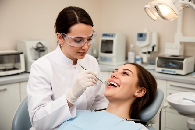 Dentist examining a smiling patient’s teeth with a dental mirror and explorer in chair.
