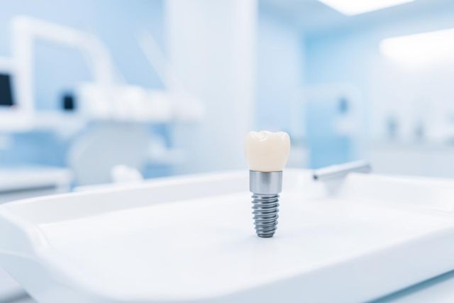 Close-up of a dental implant featuring a ceramic crown and a metallic screw, placed on a clean white tray. The background shows a bright, out-of-focus dental office with light blue tones, emphasizing a professional medical environment for oral surgery and tooth replacement.