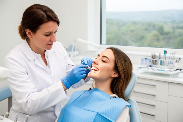 Dentist examining a smiling young woman's teeth in a bright, modern dental treatment room.