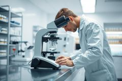 Scientist in a modern laboratory examining a sample under a microscope. The image showcases research, science, and medical analysis in a clean, bright environment with shelves of lab supplies. Predominant colors are white, gray, and blue, conveying a professional and sterile setting.
