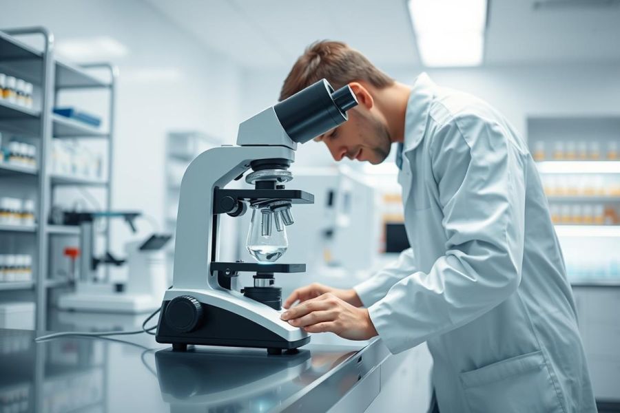 Scientist in a modern laboratory examining a sample under a microscope. The image showcases research, science, and medical analysis in a clean, bright environment with shelves of lab supplies. Predominant colors are white, gray, and blue, conveying a professional and sterile setting.