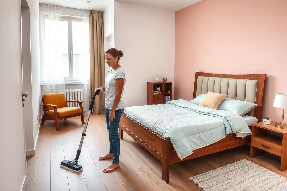 The image shows a woman in a clean, modern hotel room. She is vacuuming the floor while standing in front of a well-lit bedroom area with twin beds, nightstands and a light blue accent wall. The room has a stylish, minimalist decor.