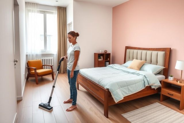 The image shows a woman in a clean, modern hotel room. She is vacuuming the floor while standing in front of a well-lit bedroom area with twin beds, nightstands and a light blue accent wall. The room has a stylish, minimalist decor.