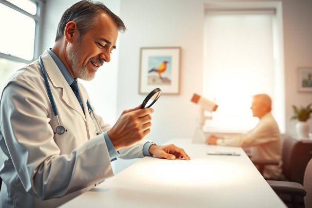 A doctor examines a slide with a magnifying glass in a brightly lit medical office. The scene depicts healthcare and diagnostic procedures.