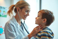A pediatrician examines a young boy with a stethoscope in a brightly lit clinic. The doctor is smiling and appears to be conducting a check-up. A friendly and reassuring medical environment.