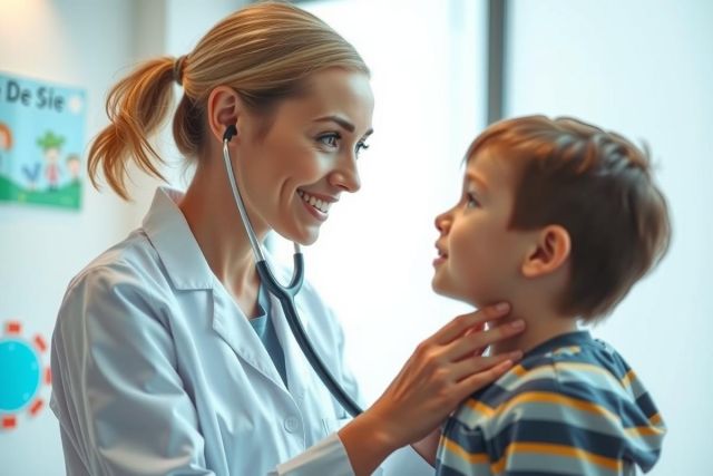 A pediatrician examines a young boy with a stethoscope in a brightly lit clinic. The doctor is smiling and appears to be conducting a check-up. A friendly and reassuring medical environment.