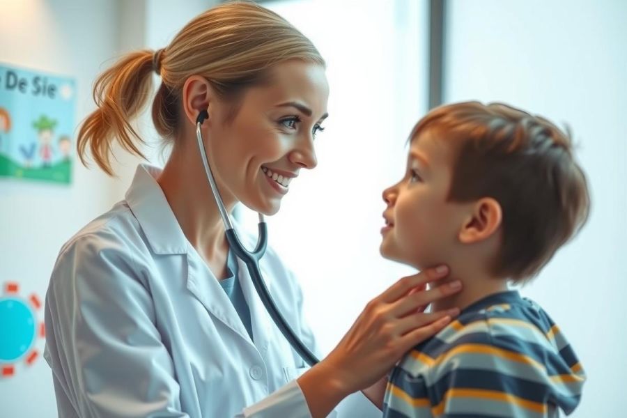 A pediatrician examines a young boy with a stethoscope in a brightly lit clinic. The doctor is smiling and appears to be conducting a check-up. A friendly and reassuring medical environment.