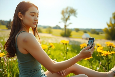 This image depicts a woman seated in a grassy field, engrossed in her cellphone. The environment is lush with flowers and greenery, suggesting a peaceful outdoor setting. 