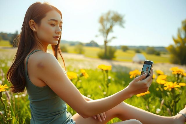 This image depicts a woman seated in a grassy field, engrossed in her cellphone. The environment is lush with flowers and greenery, suggesting a peaceful outdoor setting. 
