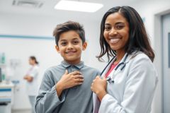 A smiling doctor in a white coat and stethoscope poses with a young boy in a medical clinic setting. The image conveys trust, healthcare, and a positive doctor-patient relationship with bright, clean colors and a friendly atmosphere.