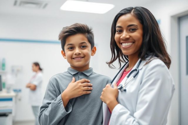 A smiling doctor in a white coat and stethoscope poses with a young boy in a medical clinic setting. The image conveys trust, healthcare, and a positive doctor-patient relationship with bright, clean colors and a friendly atmosphere.