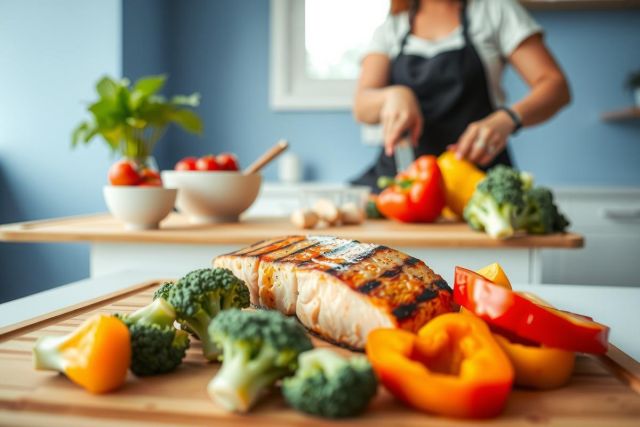 Grilled salmon with broccoli and bell peppers on a wooden cutting board. Healthy meal preparation in a bright kitchen setting. Focus on fresh ingredients and cooking.