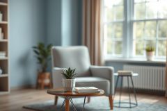 Cozy living room interior featuring a gray armchair, small wooden table, and large window with natural light. The room showcases a calming blue color palette, plants, and a bookshelf, creating a serene and modern home decor atmosphere. Ideal for interior design inspiration.