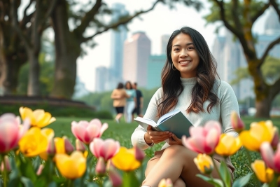 The image shows a young woman sitting on grass, smiling and reading a book. She is surrounded by vibrant tulips in a public park setting with a cityscape in the background. The scene is lush and colorful, suggesting a peaceful and leisurely day spent outdoors.