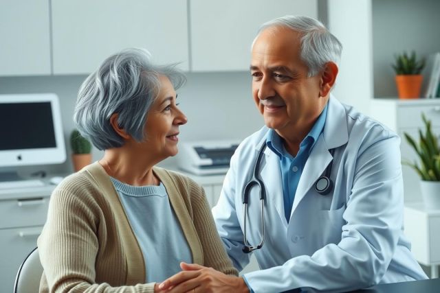 The image portrays a healthcare interaction. A smiling older woman is seated in front of a medical professional, likely a doctor, who is standing behind a desk. The office environment suggests a modern and clean clinical setting with a potted plant and a laptop. There's no text visible in the image.