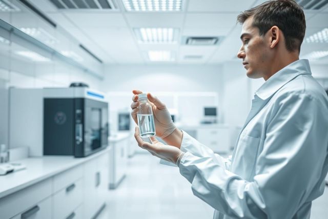 Scientist in a modern laboratory examining a clear liquid sample. The image features a man in a white lab coat, analyzing a vial against a backdrop of scientific equipment and a bright, clean environment. Focus on research, science, and laboratory analysis.