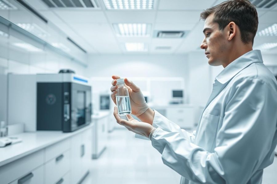 Scientist in a modern laboratory examining a clear liquid sample. The image features a man in a white lab coat, analyzing a vial against a backdrop of scientific equipment and a bright, clean environment. Focus on research, science, and laboratory analysis.