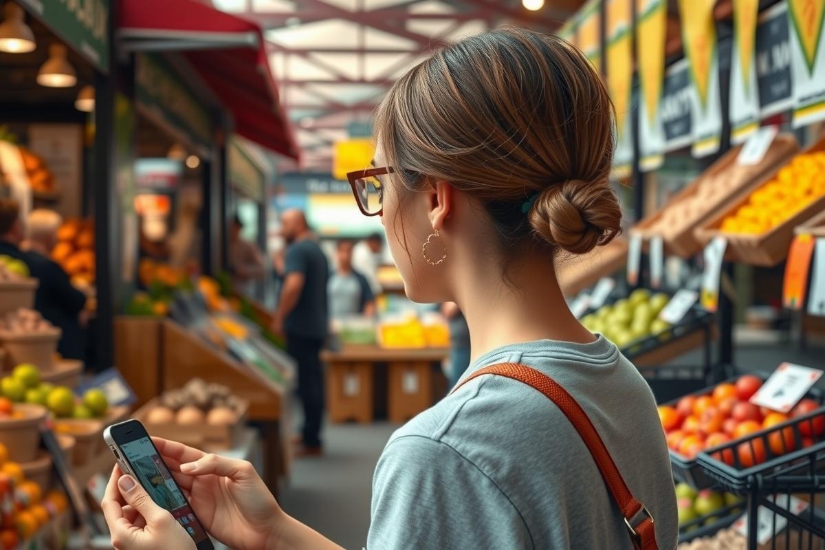 In the image, a woman is seen inside a bustling produce market. She is standing next to a fruit stand filled with vibrant fruits such as apples and oranges. The woman is holding her phone in one hand and appears to be looking at it. She has a shoulder bag on her right shoulder and is dressed casually, wearing glasses. In the background, you can see other shoppers browsing various sections of the market.