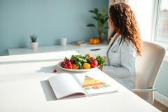 Nutritionist or doctor in a bright office reviewing a food pyramid with a plate of fresh fruits and vegetables. Healthy eating, diet planning, and wellness concepts are highlighted in this image with a focus on nutrition and healthcare.