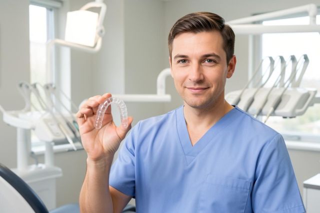 Dentist in blue scrubs holding a clear removable orthodontic aligner in a bright dental operatory.