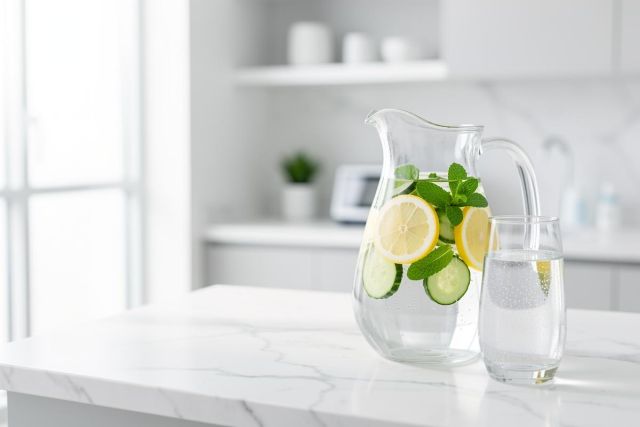 A clear glass pitcher and a glass filled with refreshing detox water, infused with lemon slices, cucumber, and fresh mint leaves. Placed on a white marble countertop in a bright, modern, minimalist kitchen. This clean and airy scene emphasizes healthy hydration, wellness, and a refreshing summer drink aesthetic.