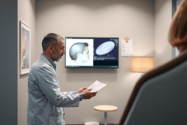 Doctor in a lab coat presents medical information on a screen. The scene appears to be a medical consultation or presentation, with a focus on health technology and patient education.