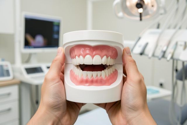 Hands holding a full-arch denture model in a dental operatory, showing a prosthetic tooth set.