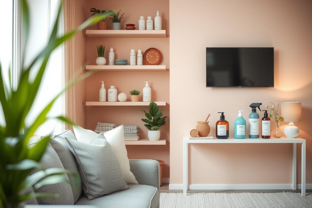 The image showcases a contemporary, well-lit living room. There's a modern white sofa in the center with gray cushions. On the right side of the room, there is a flat-screen TV mounted on the wall. The walls are painted pink and adorned with floating shelves displaying various decorative items such as vases and bottles. A plant adds a touch of greenery to the space, contributing to a relaxed and inviting atmosphere.