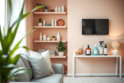The image showcases a contemporary, well-lit living room. There's a modern white sofa in the center with gray cushions. On the right side of the room, there is a flat-screen TV mounted on the wall. The walls are painted pink and adorned with floating shelves displaying various decorative items such as vases and bottles. A plant adds a touch of greenery to the space, contributing to a relaxed and inviting atmosphere.