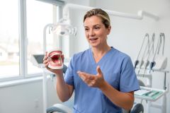 Dentist in scrubs explains implant-supported denture model to patient in a bright dental operatory.