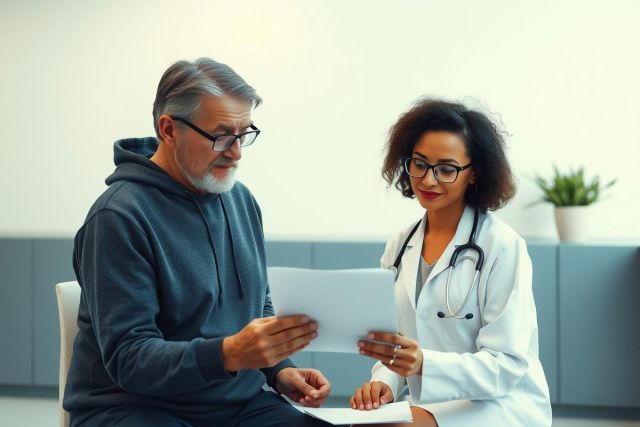 Doctor reviewing documents with a patient in a modern clinic setting. Healthcare professional consults with senior male client, showing paperwork.  Bright, clean environment.