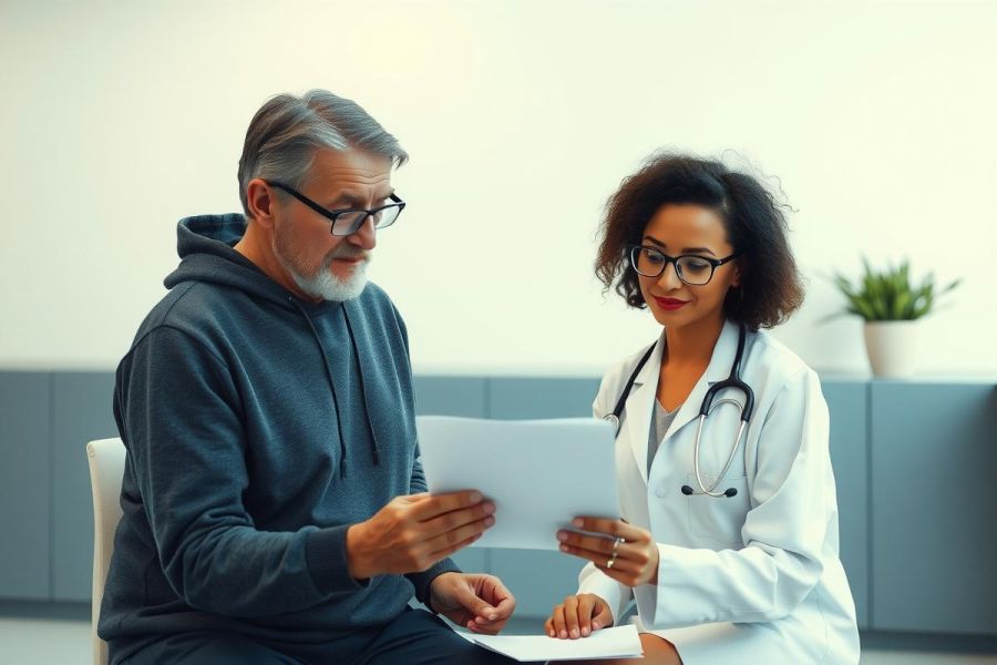 Doctor reviewing documents with a patient in a modern clinic setting. Healthcare professional consults with senior male client, showing paperwork.  Bright, clean environment.