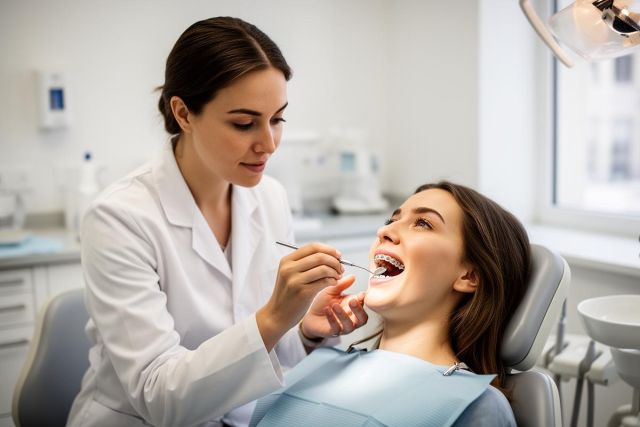 Dentist examining a smiling patient wearing metal braces while reclined in a bright dental chair.
