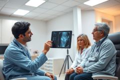 Doctor shows X-ray to patients in clinic. Medical consultation, diagnostic imaging, healthcare professionals, patient care, examination room, blue scrubs, white coats.