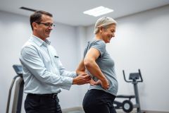 Physiotherapist assisting a woman with back pain in a bright gym setting. The image depicts rehabilitation exercises, physical therapy, and wellness. A man in a white shirt guides a smiling woman with gray hair, showcasing healthcare and fitness concepts. Light blue and gray tones dominate the scene.