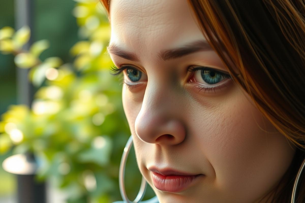 A young woman with long red hair, looking distressed. She has blue eyes and is wearing a light blue top. The background is blurred but appears to be an outdoor setting.