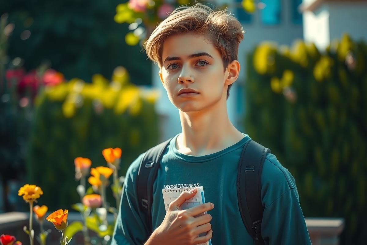 This is a color photograph of a young individual, possibly in their late teens or early twenties. The person appears to be male, with short-cropped hair, and has a neutral expression on his face as he looks directly at the camera. He's wearing a backpack, suggesting an outdoor setting or that he may be going somewhere. 