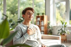 Young man meditating indoors, eyes closed, hand on chest, relaxing on a couch near large windows with lush greenery. Bright, airy room with a calming, peaceful atmosphere. Focus on mindfulness and well-being.