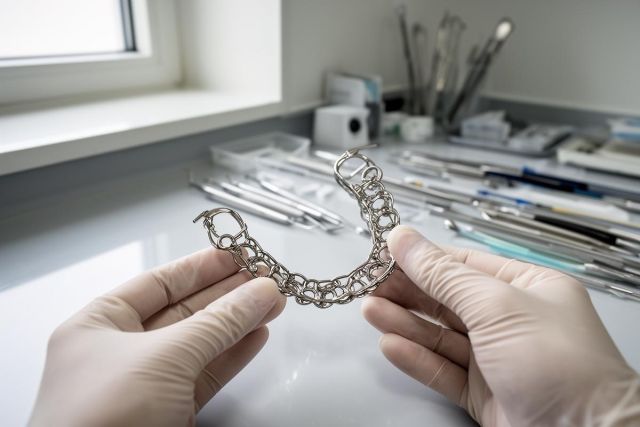 Gloved hands holding a metal partial denture framework above a dental tray and instruments.