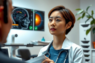 The image features a medical professional, likely a doctor or nurse, in an examination room. The individual is wearing a white lab coat and standing behind a desk with various medical equipment such as an ECG machine and patient records displayed on the screen.