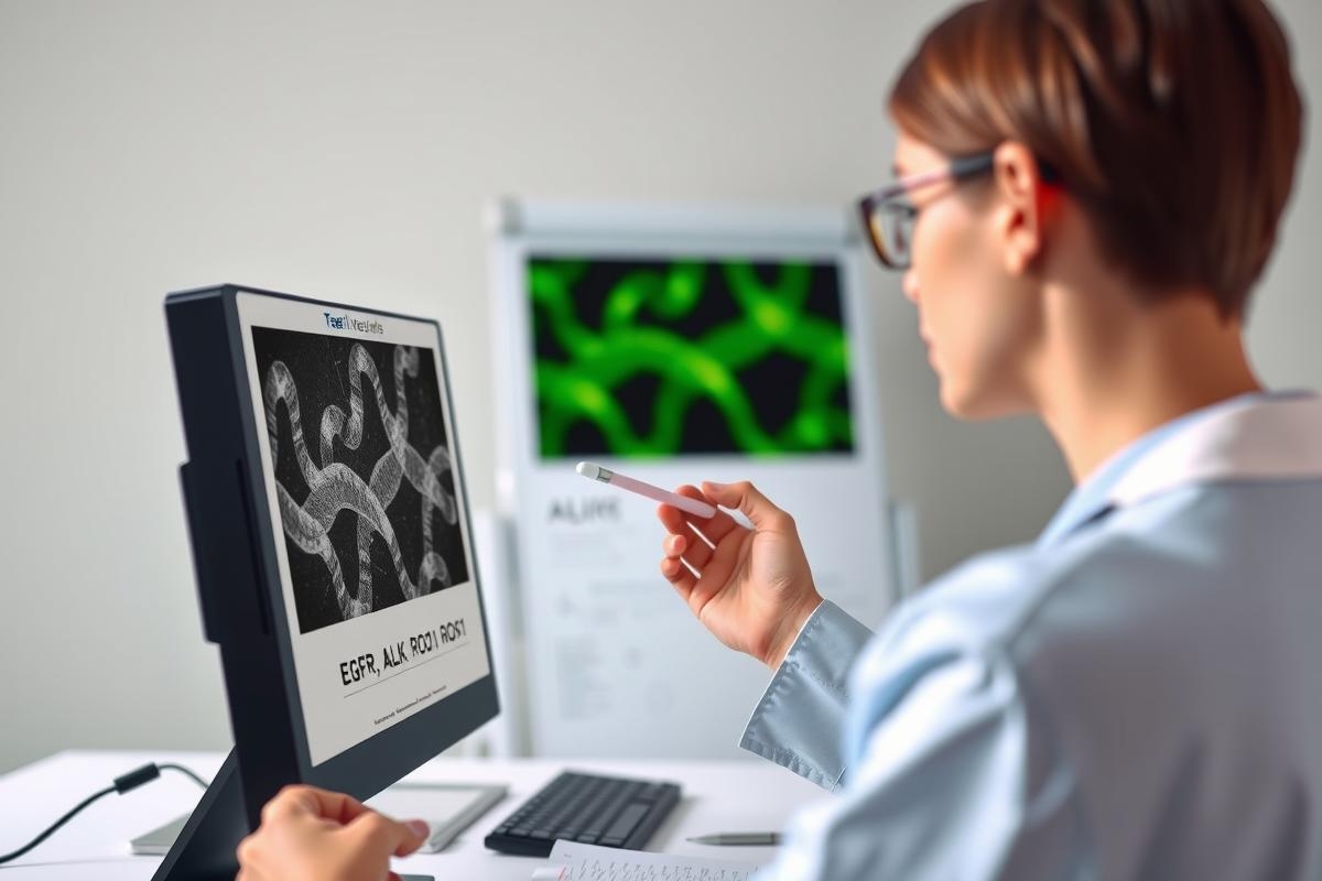 The image depicts a professional setting where a scientist or medical expert is engaged in research. The individual appears to be examining scientific data on a computer screen, with a microscope and cellular images likely pertaining to biochemical analysis or microbiological studies. 