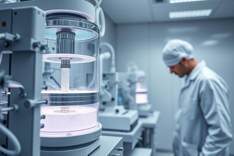 Laboratory scene featuring a scientist working with a sophisticated biotech machine. The equipment is encased in a clear chamber with a blue glow, set within a modern, clean room environment. Focus on research, technology, and scientific innovation.