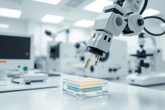 Laboratory scene featuring a microscope examining a multi-well plate. The image showcases scientific research, biotechnology, and medical analysis in a clean, modern laboratory environment with a focus on precision and detail. Predominant colors are white and blue, highlighting a sterile and professional setting.