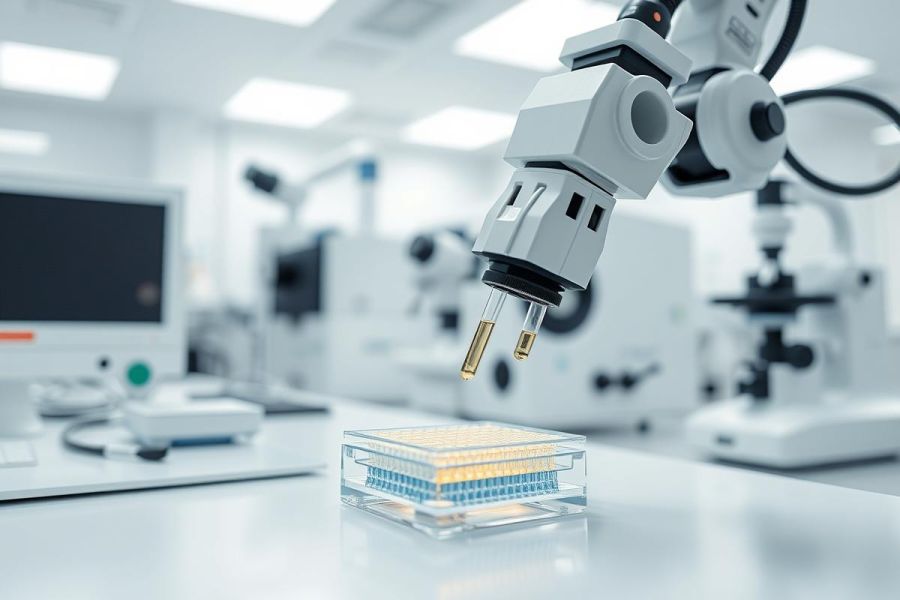 Laboratory scene featuring a microscope examining a multi-well plate. The image showcases scientific research, biotechnology, and medical analysis in a clean, modern laboratory environment with a focus on precision and detail. Predominant colors are white and blue, highlighting a sterile and professional setting.