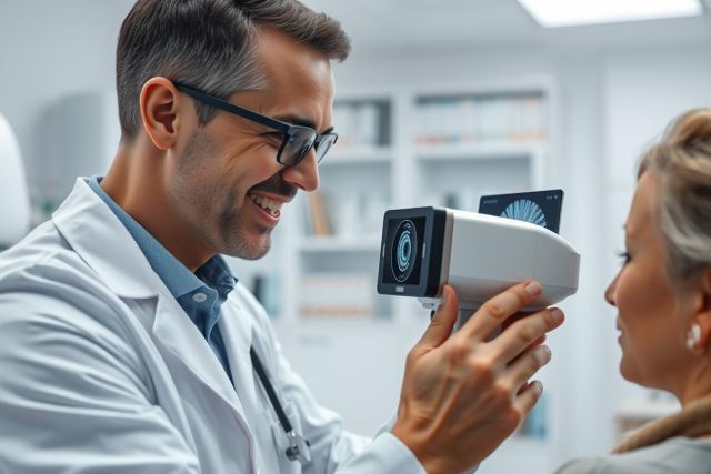 Optometrist performing eye exam on a patient in a modern clinic. The doctor uses diagnostic equipment while smiling. Image features a bright, clean environment with white shelves and a focus on eye care and healthcare services.