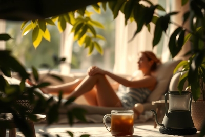 A man and a woman sit on a couch together, enjoying each other's company. They are surrounded by indoor greenery and warmly lit by natural light, creating an atmosphere of relaxation and companionship.