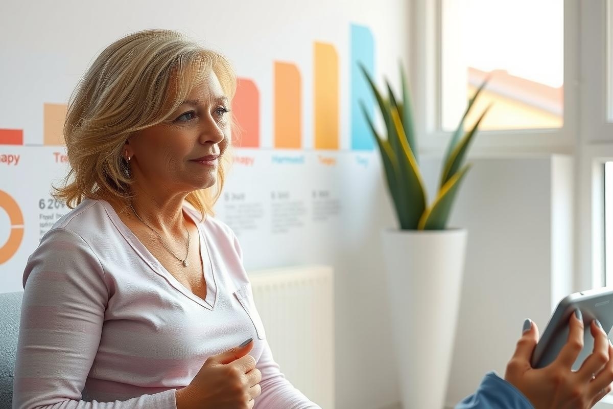A woman in a business setting is engaged in a conversation with another individual, likely during an interview or a meeting. The office environment includes charts and graphs on the wall, suggesting a professional context.