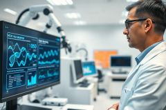 Scientist in a modern lab analyzes DNA sequencing data on a large monitor. The image shows a man in a white coat, glasses, examining complex graphs and charts in a bright, sterile research environment. Focus on biotechnology, genetics, and scientific analysis.