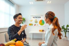 A doctor consults with a patient in a bright, modern office. Fruit is visible, suggesting a nutrition or wellness focus. The scene conveys a healthcare consultation and healthy lifestyle theme.