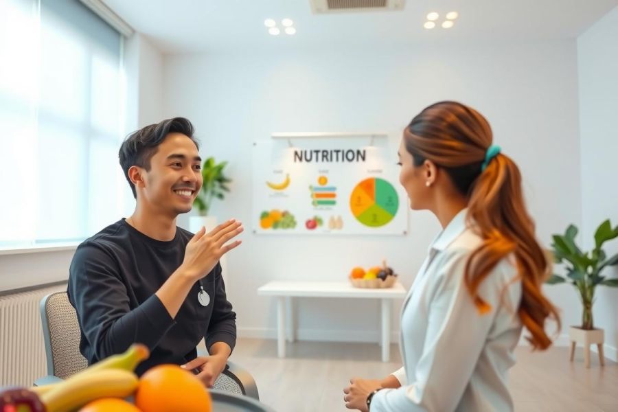 A doctor consults with a patient in a bright, modern office. Fruit is visible, suggesting a nutrition or wellness focus. The scene conveys a healthcare consultation and healthy lifestyle theme.